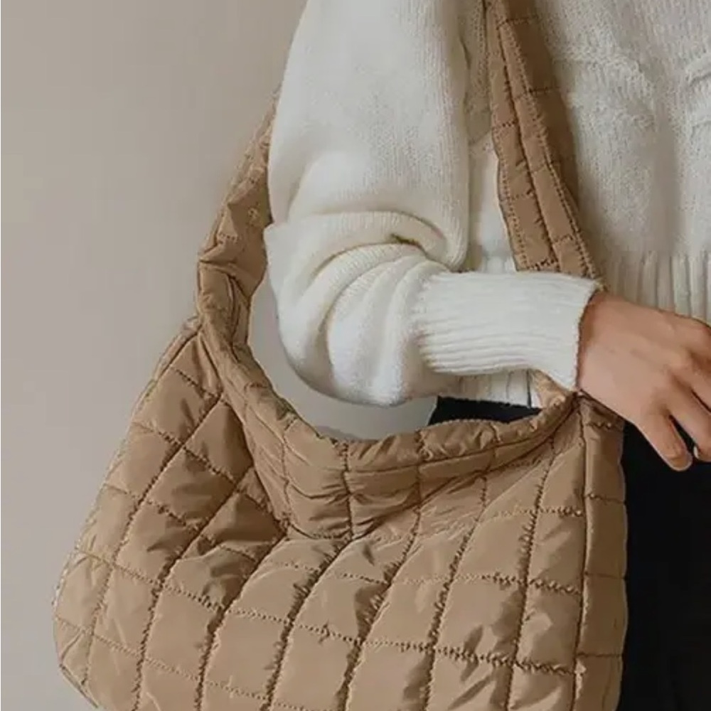 Large Quilted Zipper Shoulder Bag (Tan)